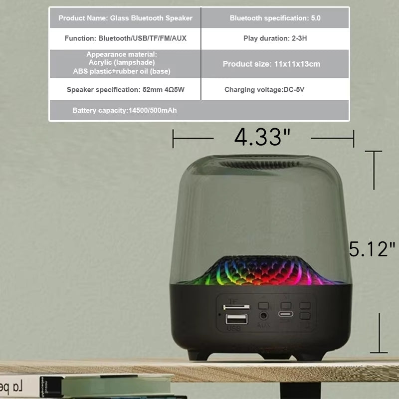 New glazed Bluetooth speaker heavy bass transparent glass wireless speaker with TF Card FM AUX Audio LED Light
