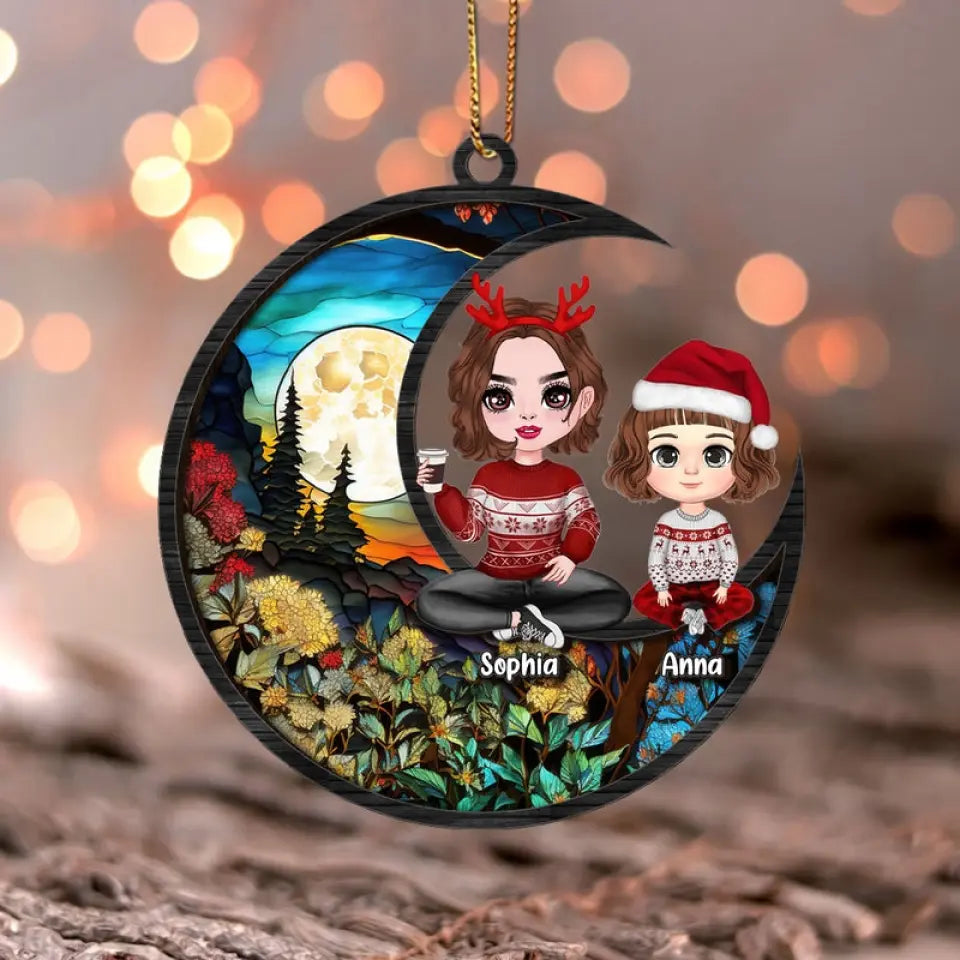 Personalisierter Weihnachts-Oma-Enkel auf Mond-Sonnenfänger-Ornament