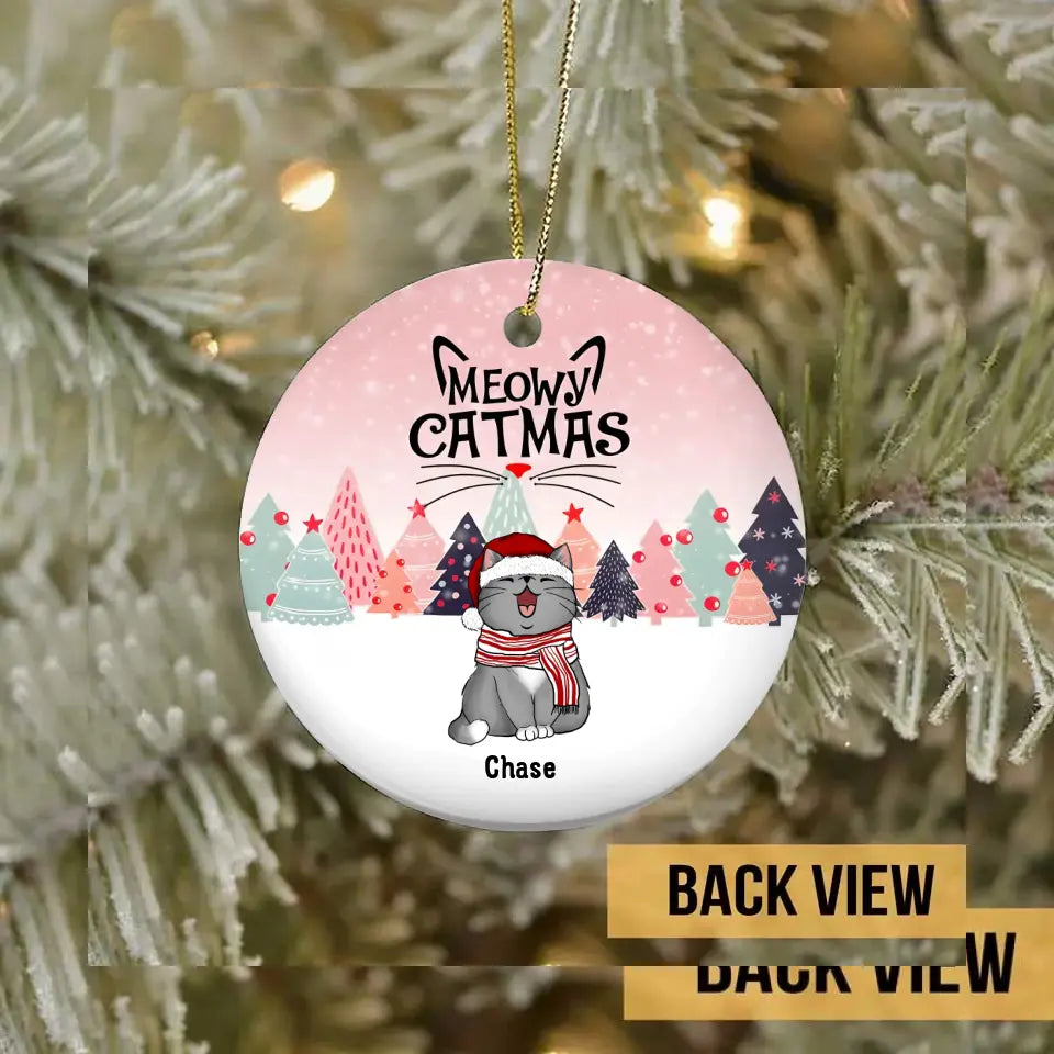 Personalisiertes Meowy Catmas Pinktone Circle Keramikornament – personalisiertes dekoratives Weihnachtsornament für Katzenliebhaber