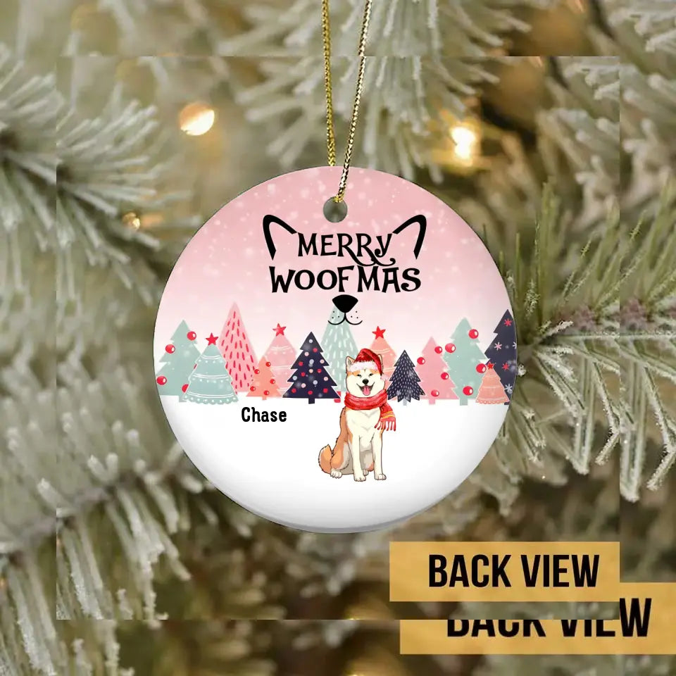Personalisiertes Merry Woofmas Pinktone Circle Keramikornament – personalisiertes dekoratives Weihnachtsornament für Hundeliebhaber