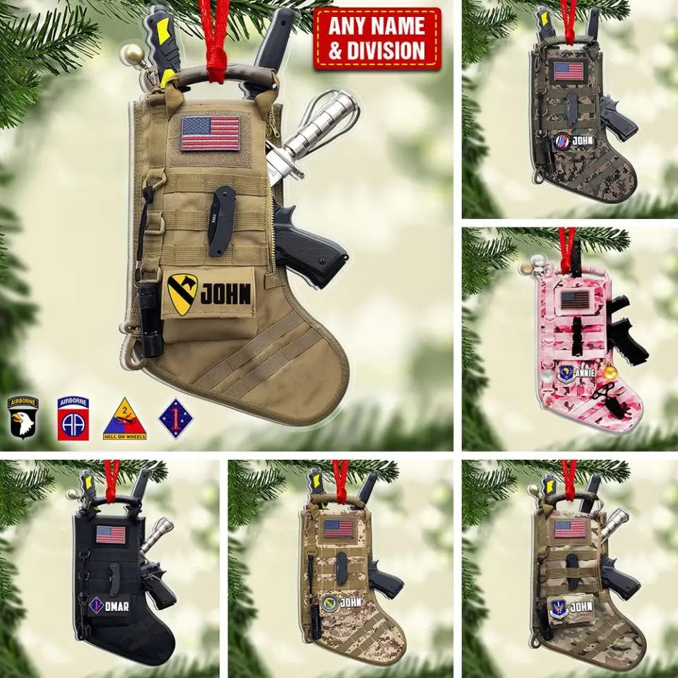 Militärischer taktischer Weihnachtsstrumpf, personalisiertes Acrylornament, Weihnachtsgeschenk für Veteranen & Soldaten