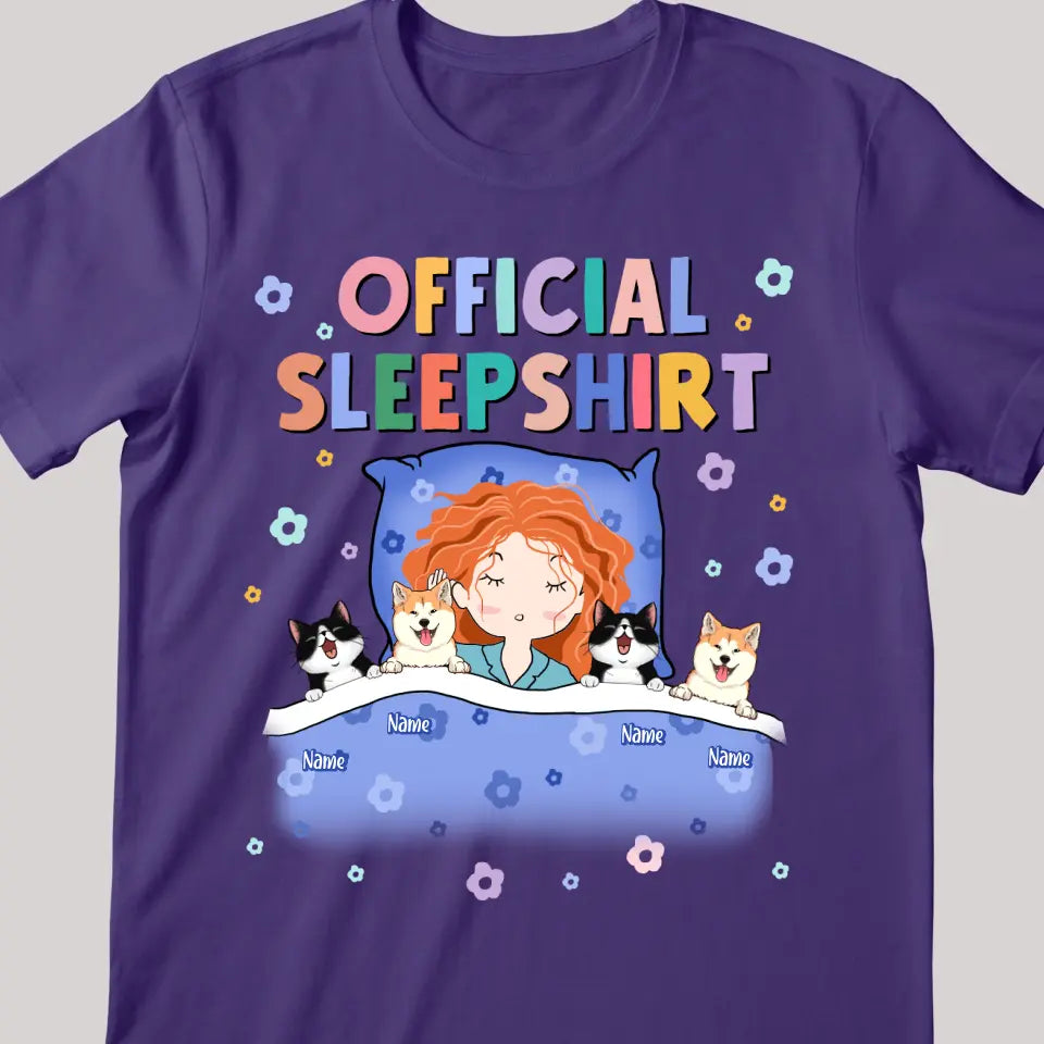 Official Sleep Shirt, Cute Girl With Her Pets, Dog & Cat Mom Gift, Personalized Pet Lover T-shirt