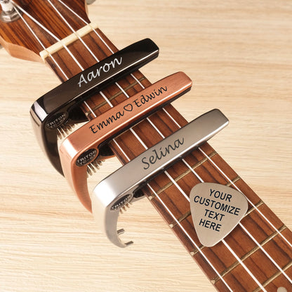 Personalized Metal Guitar Capo, Guitar Pick, Custom Message, Valentines Gift, Birthday Gift, Christmas Gift for Guitarists, Musician Gift