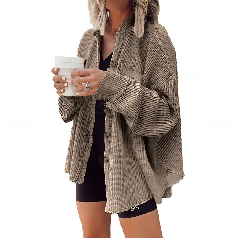 Women's Loose Fit Batwing Sleeve Waffle Knit Button Down Shirt Shacket Tops