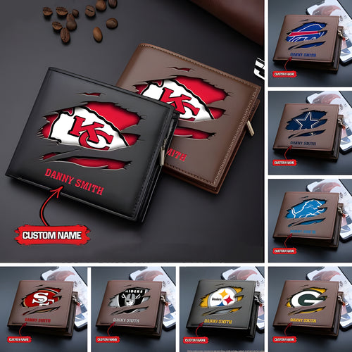 Christmas Gift For Him, Personalized NFL Leather Wallet - Custom Name