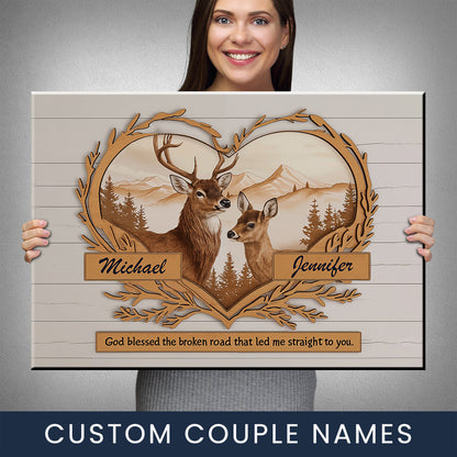 Deer Love Mountains 2 Names Premium Canvas
