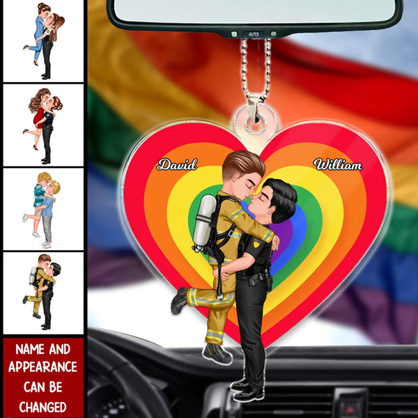 LGBT Couple Portrait, Gifts by Occupation - Personalized Car Ornament, Pride Month Gift For Couple, For Him, For Her