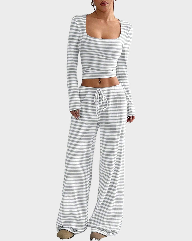 Stripe Crop Top & Wide Leg Two-Piece Lounge Set
