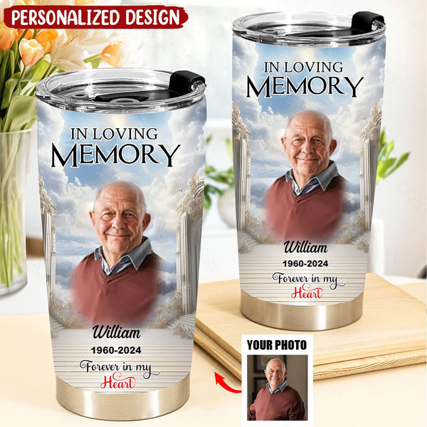 In Loving Memory Upload Photo Heaven Gate Sky, A Big Piece Of My Heart Lives In Heaven Personalized Tumbler