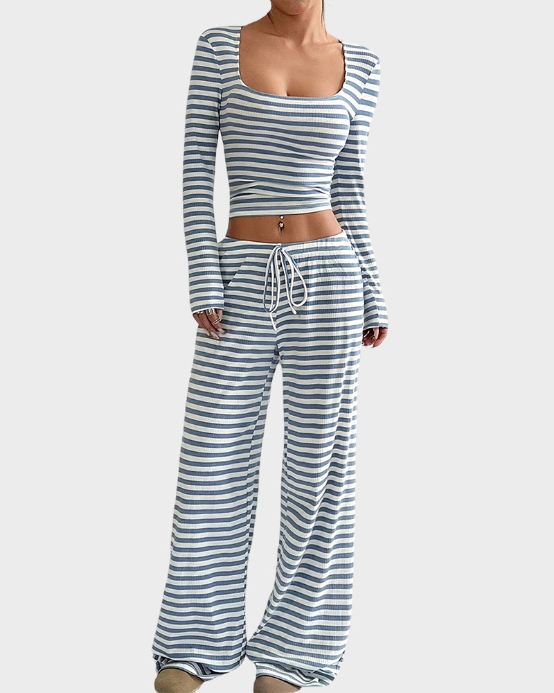 Stripe Crop Top & Wide Leg Two-Piece Lounge Set