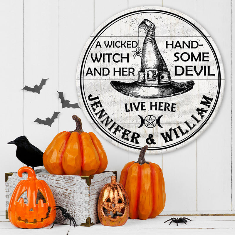 Personalized Witch Handsome Devil Customized Wood Circle Sign
