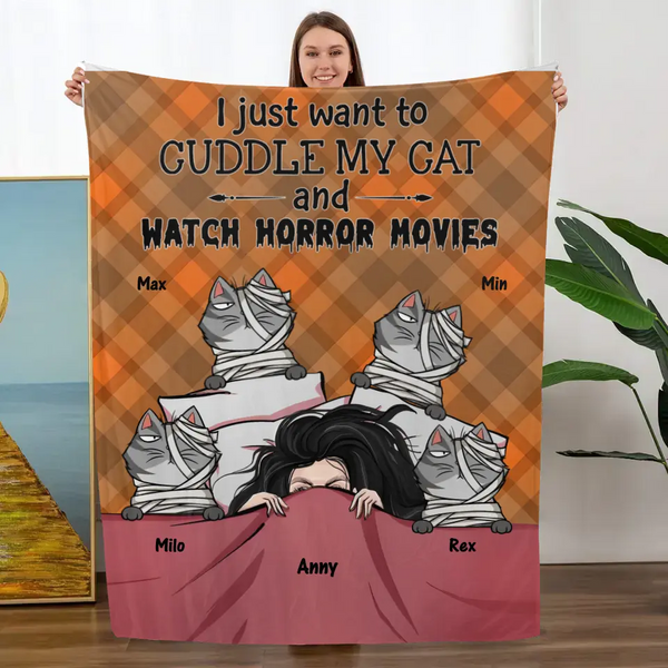 Kuscheln Sie meine Katzen und schauen Sie sich Horrorfilme an – personalisierte Decke