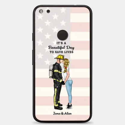 Es ist ein schöner Tag, um Leben zu retten – personalisierte Handyhülle, Paarporträt, Feuerwehrmann, Rettungsdienst, Krankenschwester, Polizist, Militär, Geschenke nach Beruf