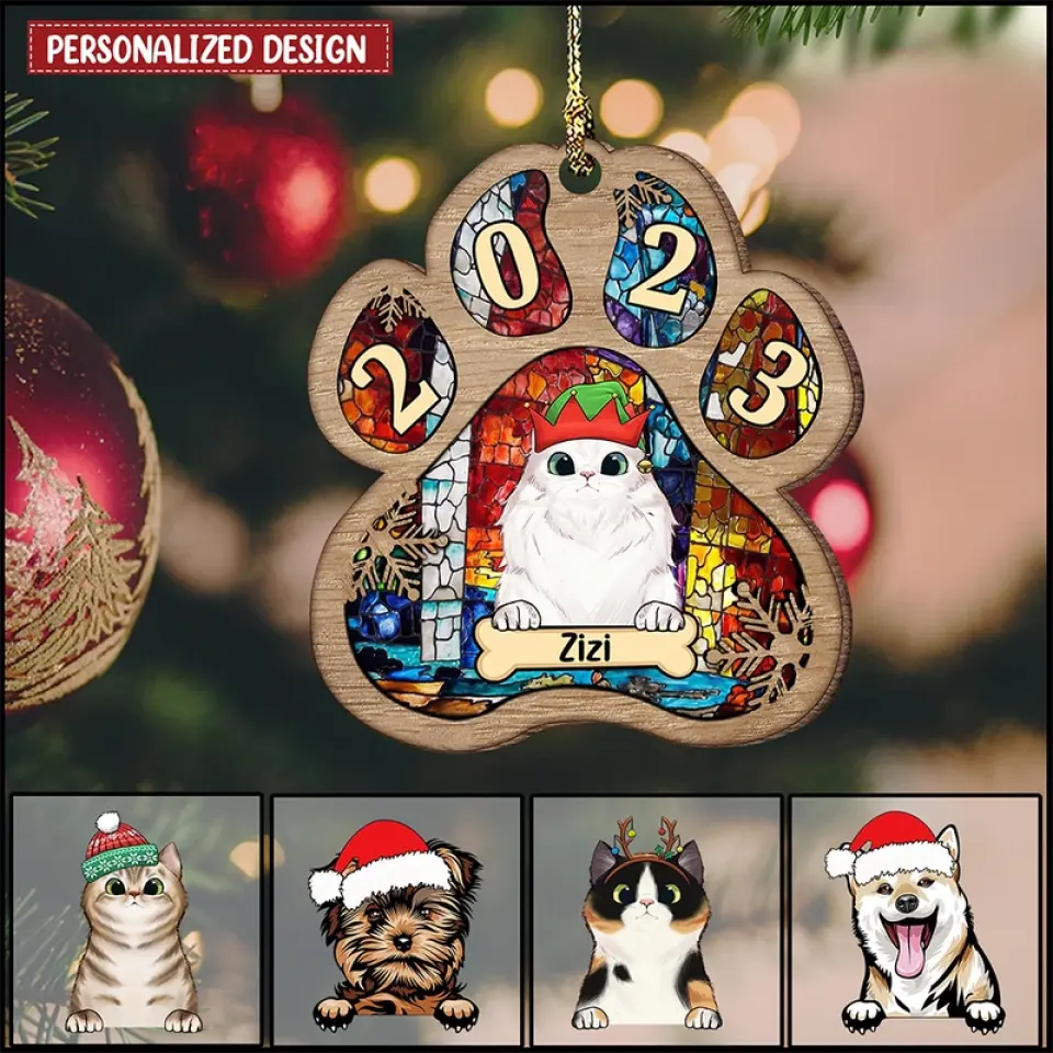 Niedliche Katze und Hund am Weihnachtstag, personalisiertes, individuelles Katzengesicht-Acryl-Ornament