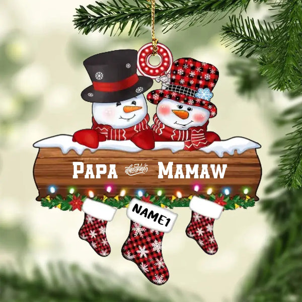 Personalisierte Weihnachts-Papa- und Mamaw-Paar-Schneemann-Socken-Ornament