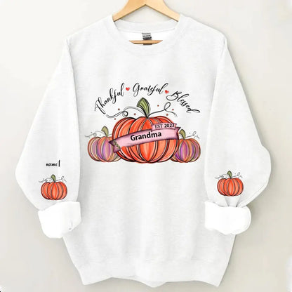 Thankful Grateful And Blessed Grandma With Pumpkin Grandkids Fall Season Personalized 2D Sweatshirt Custom Sleeve