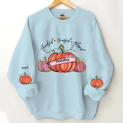 Thankful Grateful And Blessed Grandma With Pumpkin Grandkids Fall Season Personalized 2D Sweatshirt Custom Sleeve