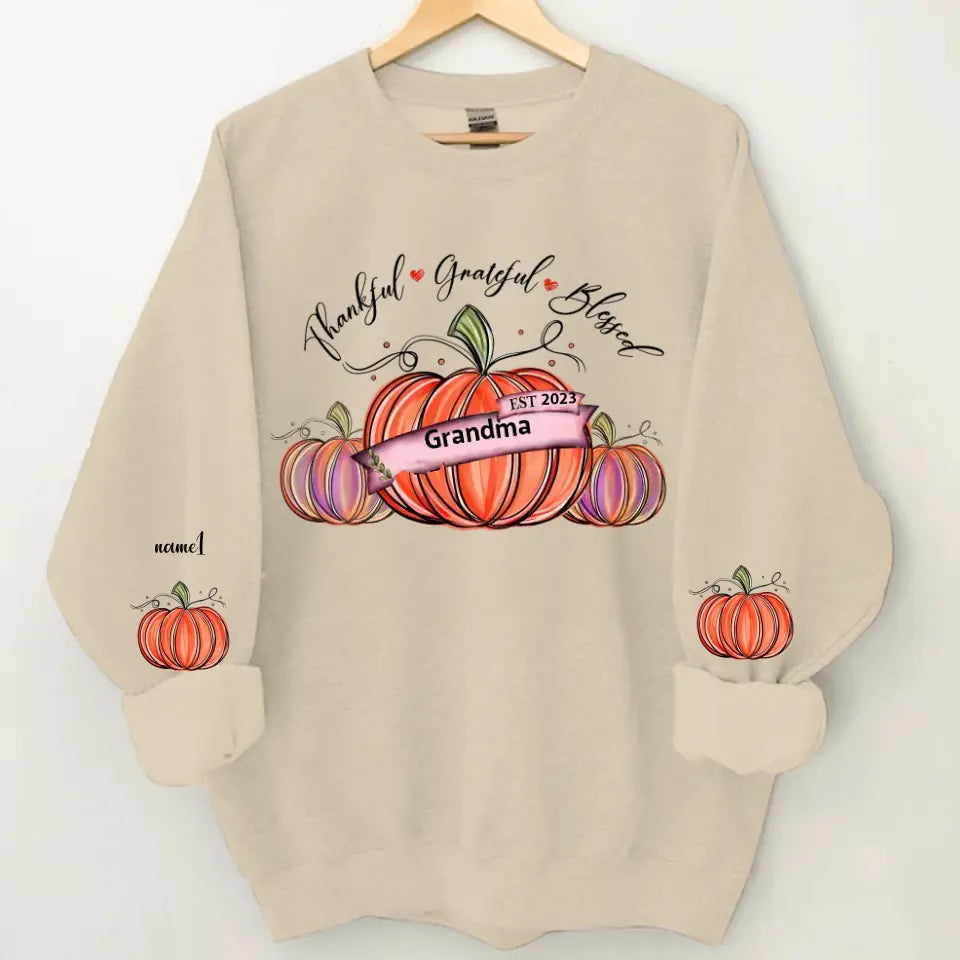 Thankful Grateful And Blessed Grandma With Pumpkin Grandkids Fall Season Personalized 2D Sweatshirt Custom Sleeve