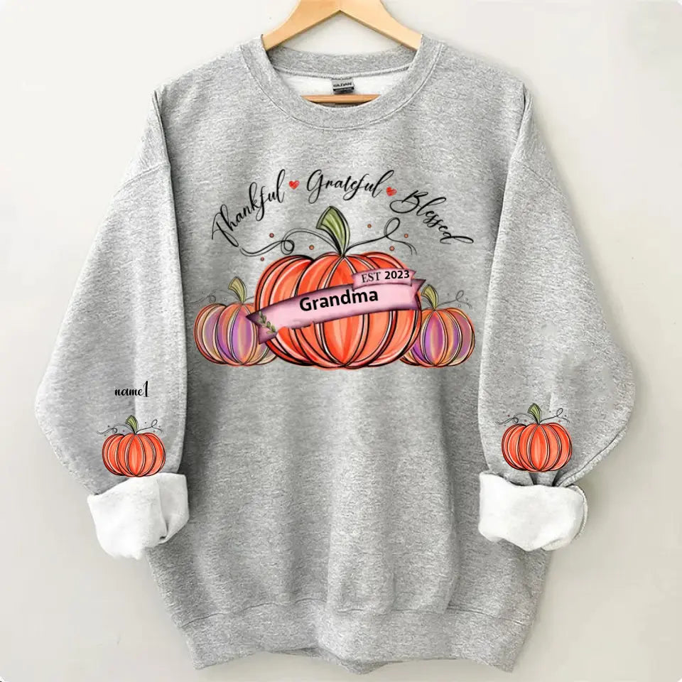 Thankful Grateful And Blessed Grandma With Pumpkin Grandkids Fall Season Personalized 2D Sweatshirt Custom Sleeve