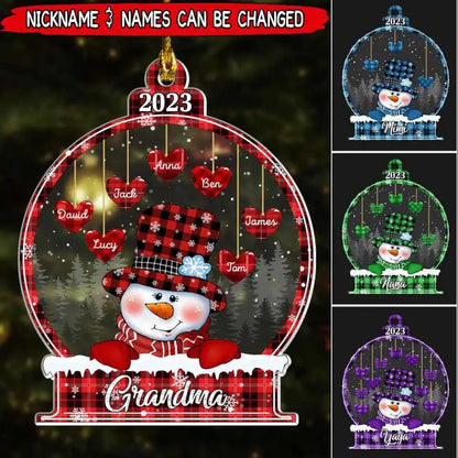 Funkelnder Weihnachts-Schneemann, Papa, Nana, Papa, Mutter, Herz, Kinder im Schneeball, personalisiertes Ornament