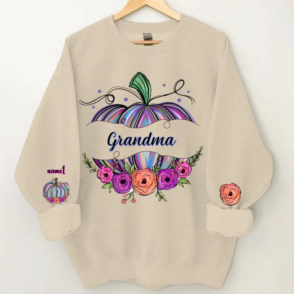 Grandma Pumpkin Flowers Personalized Sweatshirt Fall Gift For Granny