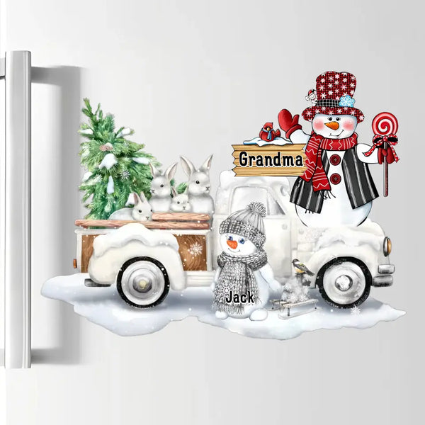 Personalisierter Weihnachtsaufkleber und Kühlschrankmagnet „Oma's Little Snow Buddies“.