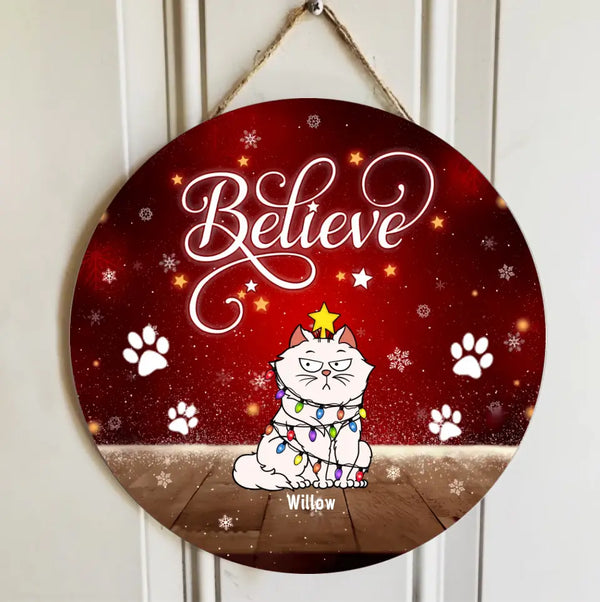 Christmas Cat  Decorations, Gifts For Cat  Lovers, Believe Red Xmas Background Welcome Door Signs , Cat  Mom Gifts