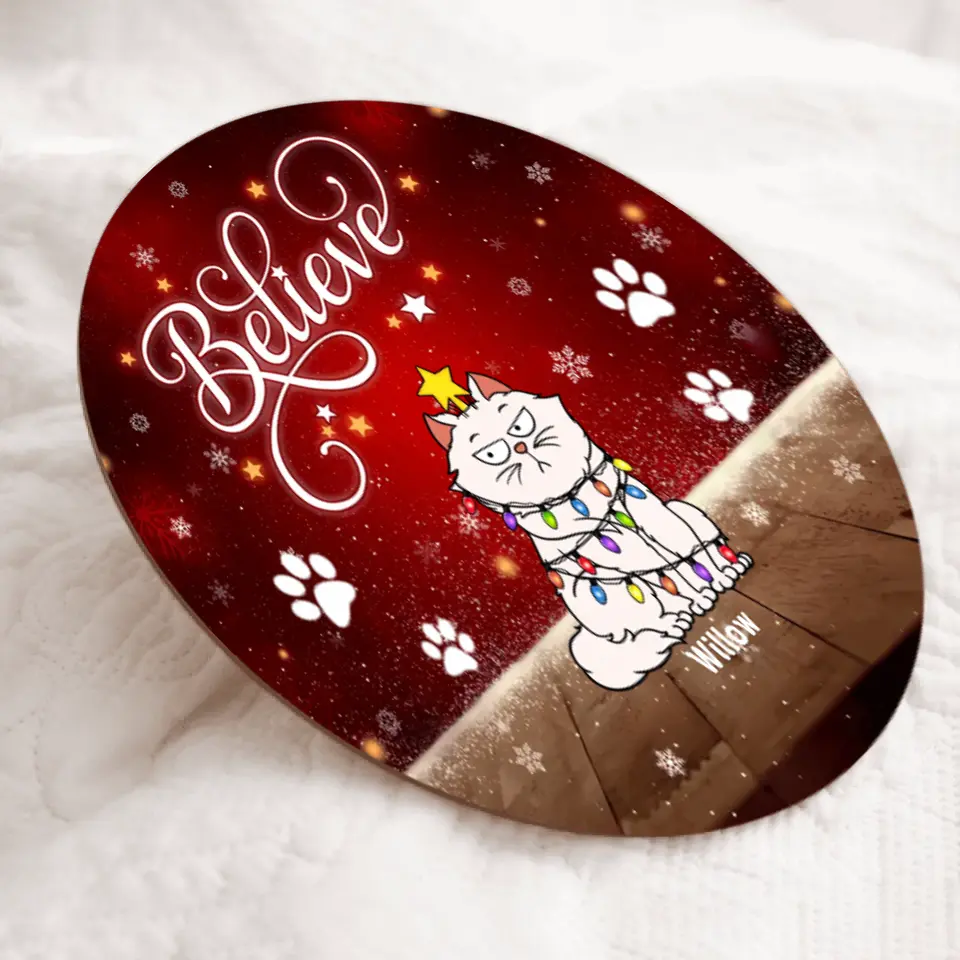 Weihnachts-Katzendekoration, Geschenke für Katzenliebhaber, Believe Red Christmas Hintergrund Willkommens-Türschilder, Katzen-Mama-Geschenke