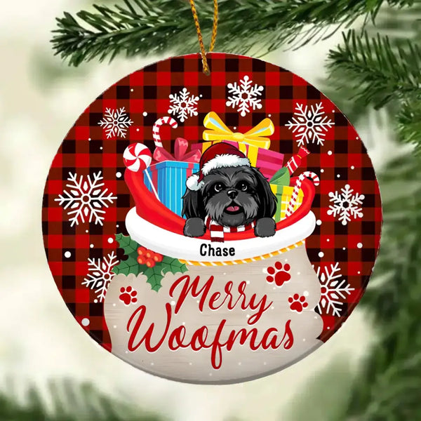 Katzen und Hunde im Weihnachtsmannbeutel, rot kariert, runde Keramikornamente – personalisierte dekorative Katzen- und Hunde-Weihnachtsornamente