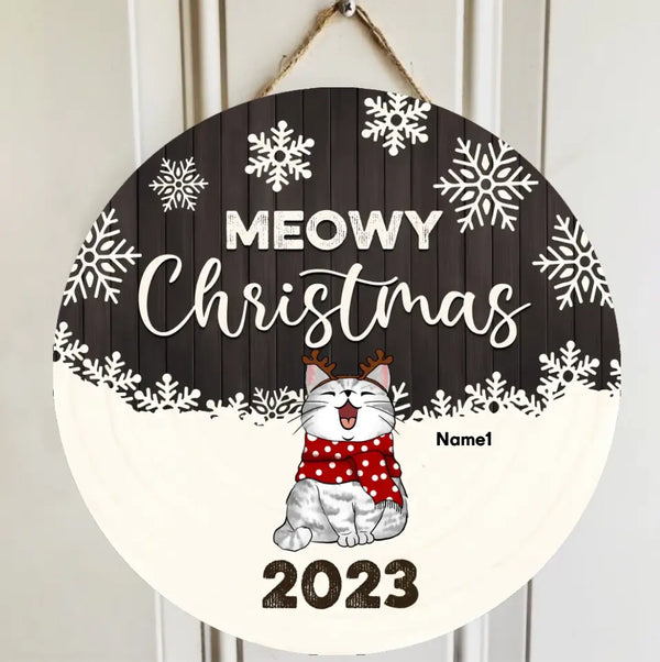 Weihnachts-Türdekorationen, Geschenke für Katzenliebhaber, Meowy Christmas Grey Wooden White Schneeflocke Willkommens-Türschilder, Geschenke für Katzenmama