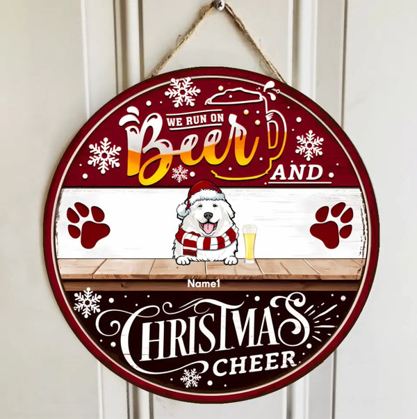 Christmas Door Decorations, Gifts For Pet Lovers, We Run On Beer And Christmas Cheer, Black & Red Welcome Door Signs , Dog Mom Gifts