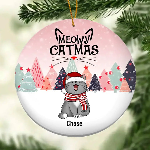 Personalised Meowy Catmas Pinktone Circle Ceramic Ornament - Personalized Cat Lovers Decorative Christmas Ornament