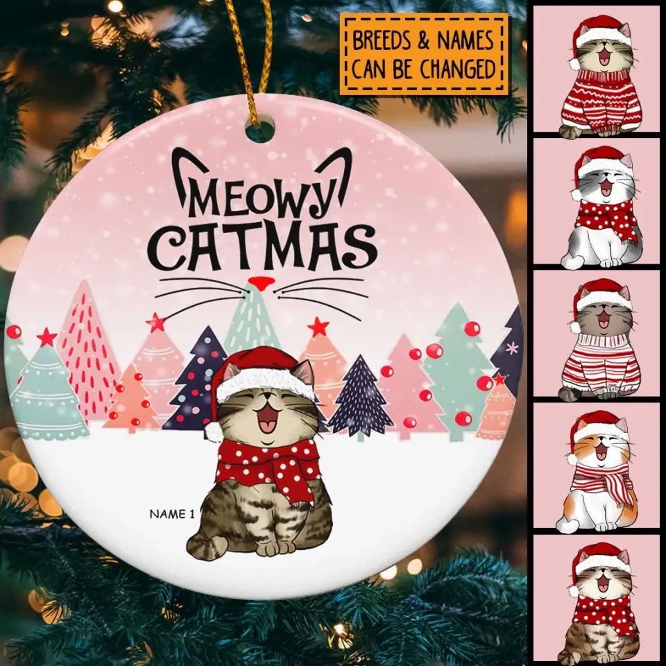 Personalisiertes Meowy Catmas Pinktone Circle Keramikornament – ​​personalisiertes dekoratives Weihnachtsornament für Katzenliebhaber