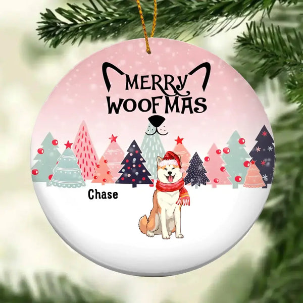 Personalisiertes Merry Woofmas Pinktone Circle Keramikornament – ​​personalisiertes dekoratives Weihnachtsornament für Hundeliebhaber