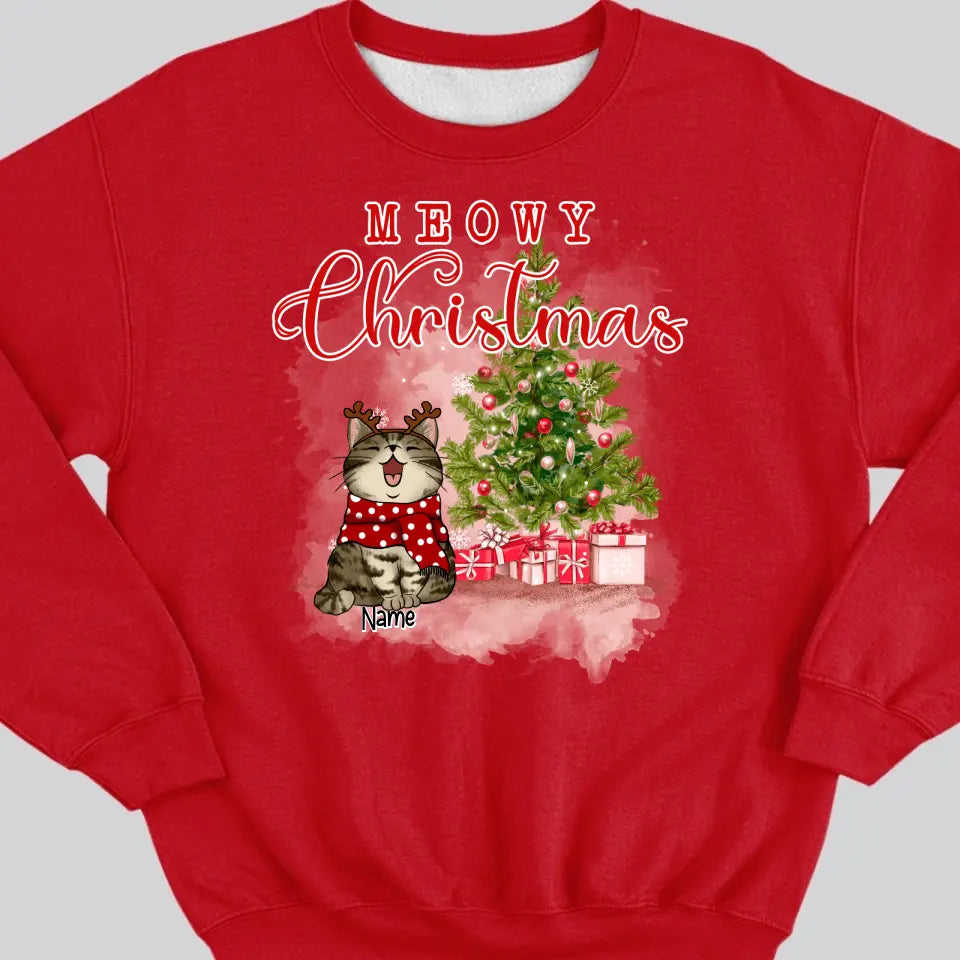 Meowy Christmas, Christmas Tree & Gifts, Personalized Cat Breeds Sweatshirt, Sweatshirt For Cat Lovers