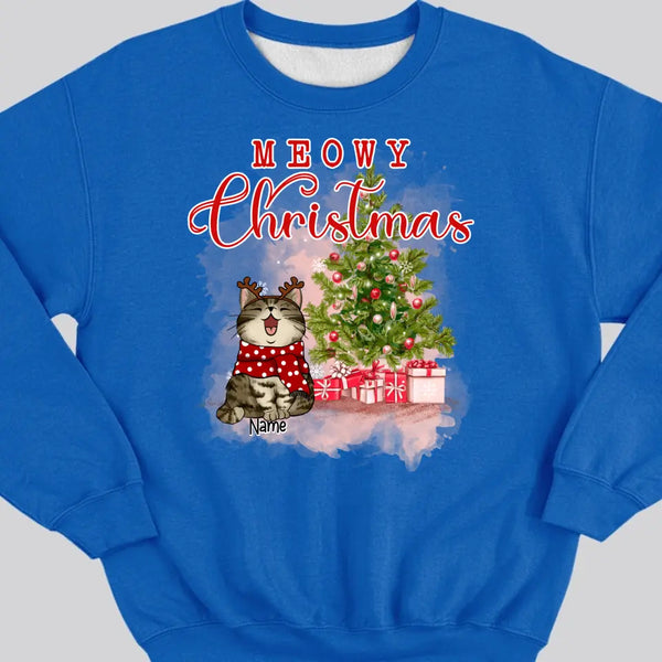 Meowy Weihnachten, Weihnachtsbaum &amp; Geschenke, personalisiertes Katzenrassen-Sweatshirt, Sweatshirt für Katzenliebhaber