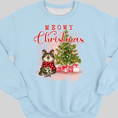 Meowy Christmas, Christmas Tree & Gifts, Personalized Cat Breeds Sweatshirt, Sweatshirt For Cat Lovers