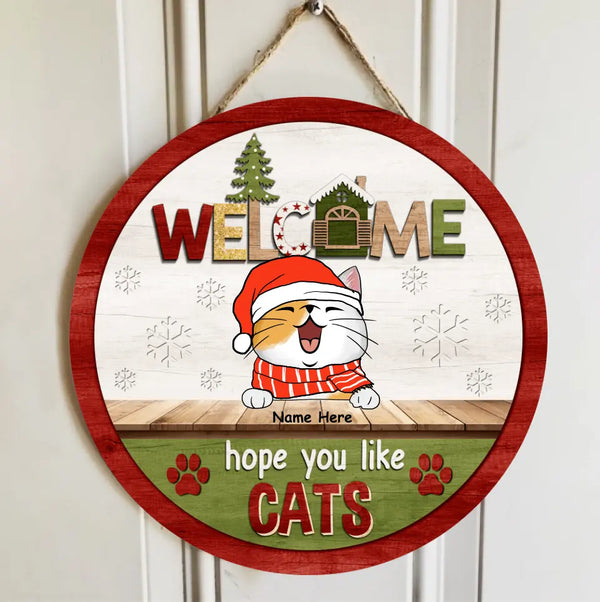 Christmas Door Decorations, Gifts For Cat Lovers, Welcome Hope You Like Cats Green & White Welcome Door Signs , Cat Mom Gifts
