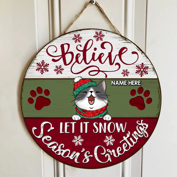 Weihnachts-Türdekorationen, Geschenke für Katzenliebhaber, Believe Let It Snow Season's Greetings Willkommens-Türschilder, Geschenke für Katzenmama