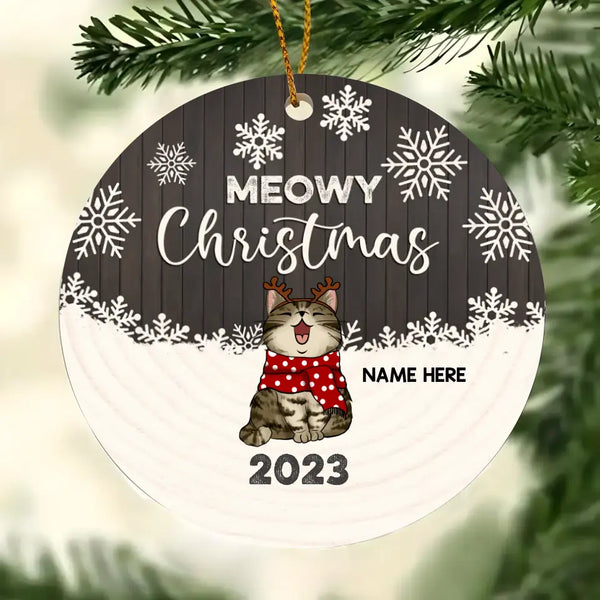 Personalisierter Meowy Christmas Red Wooden Circle Keramikornament – ​​personalisierter dekorativer Weihnachtsschmuck für Katzenliebhaber
