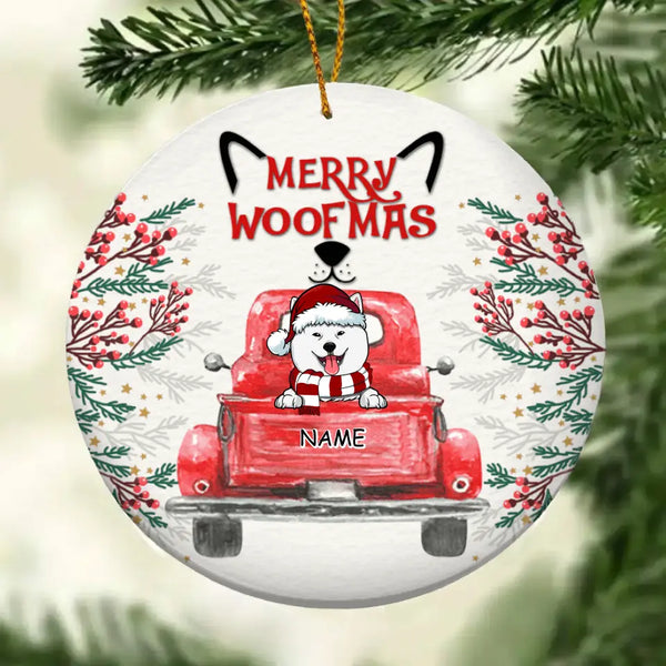 Merry Woofmas, Keramik-Ornament mit rotem LKW-Kreis, personalisiertes Hunderassen-Ornament, Geschenke für Hundeliebhaber