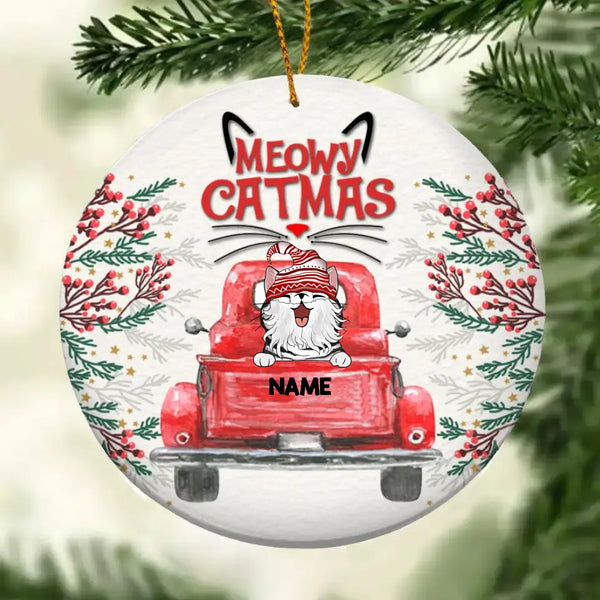 Meowy Catmass, Red Truck Circle Ceramic Ornament, Personalized Cat Breeds Ornament, Cat Lovers Gifts