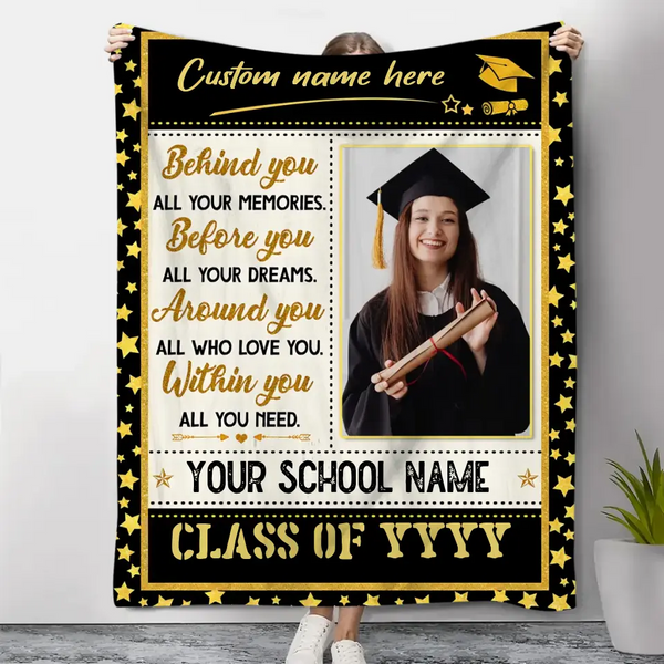 Personalisierte Decke „Behind You All Your Memories“, Geschenke zum Universitätsabschluss für Sie 2023, Abschlussdecke mit Bild 