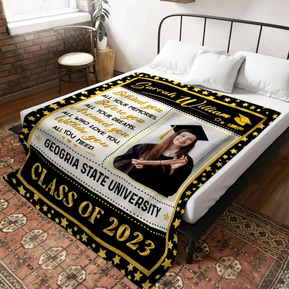Personalisierte Decke „Behind You All Your Memories“, Geschenke zum Universitätsabschluss für Sie 2023, Abschlussdecke mit Bild 