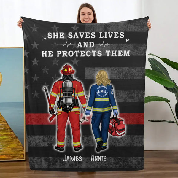 Retten Sie Leben für Paare und Freunde – personalisierte Decke für Feuerwehrmann, Rettungsdienst, Polizist, Militär, Krankenschwester