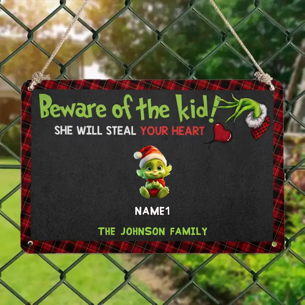Watch Out Kids, Geschenk für Familie, Grünes Monster für Kinder – personalisiertes Metallschild, Weihnachten