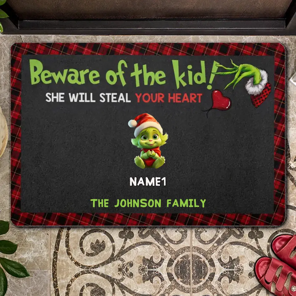 Vorsicht vor den Kindern, Geschenk für Familie, Grüne Monsterkinder – personalisierte Fußmatte, Weihnachten