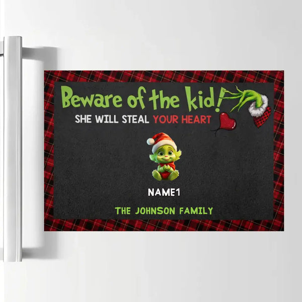 Vorsicht vor den Kindern, Geschenk für Familie, Grüne Monsterkinder – personalisierter Kühlschrankaufkleber, Weihnachten