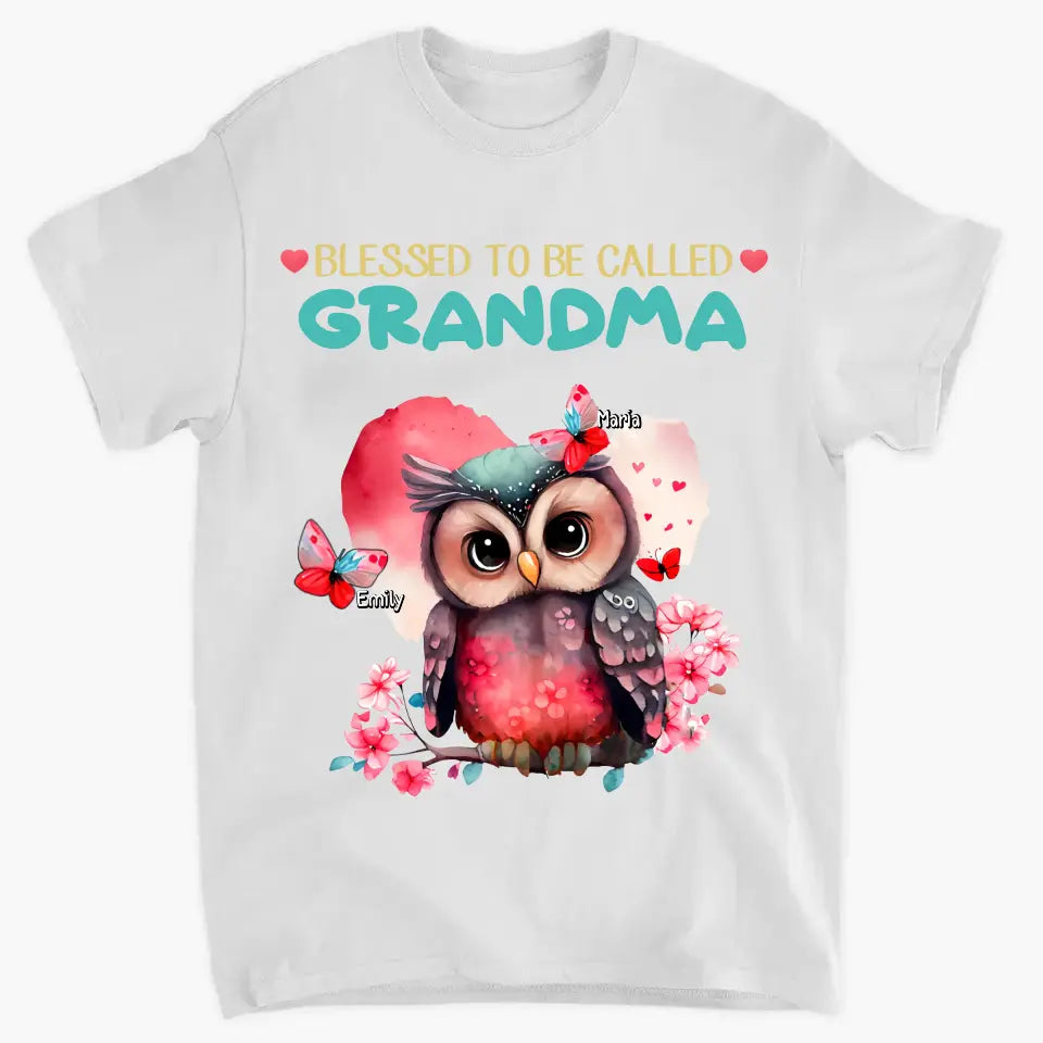 Personalized apparel "Blessed to be called Grandma Owl Butterfly" with child's name printed on it