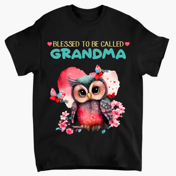 Personalized apparel "Blessed to be called Grandma Owl Butterfly" with child's name printed on it